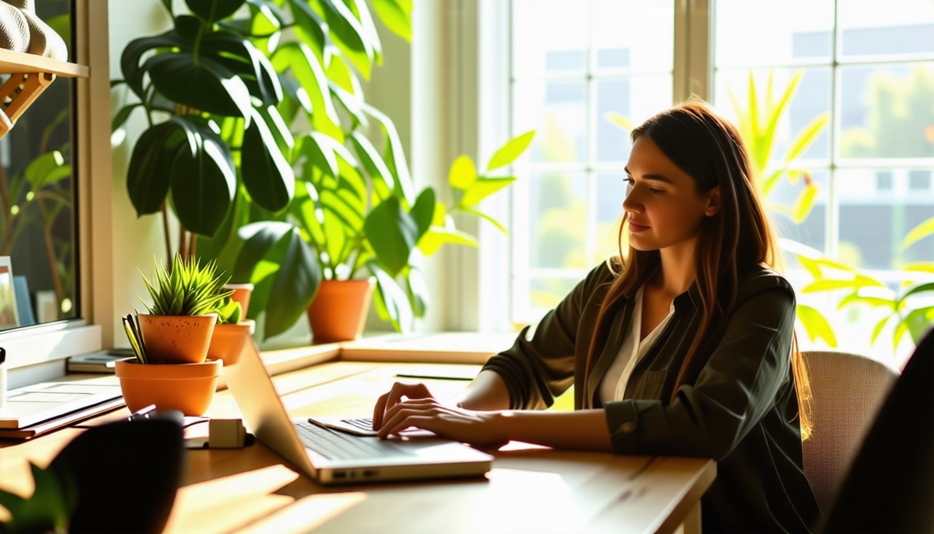 un-freelancer-concentre-sur-son-ordinateur-portable-utilisant-un-logiciel-de-comptabilite-dans-un-bureau-a-domicile-moderne-avec-de-la-lumiere-naturelle-et-des-plantes-vertes-en-arriere-plan