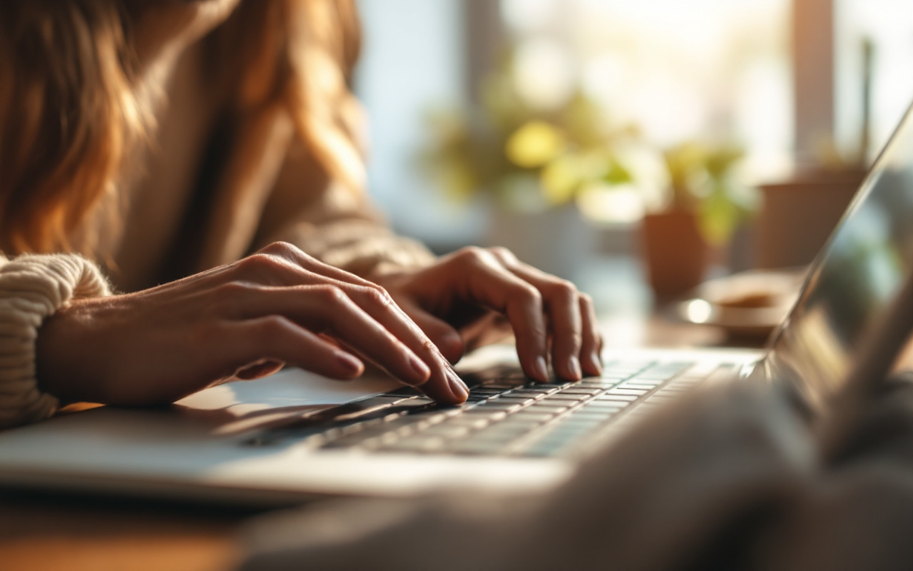Gros plan d'une personne en train de taper sur un ordinateur portable, avec les mains sur le clavier dans un cadre intérieur chaleureux.
