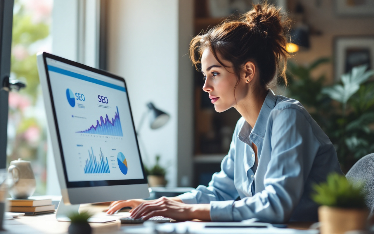 une-personne-travaillant-sur-un-ordinateur-avec-des-graphes-seo-affiches-a-lecran-dans-un-bureau-lumineux-et-moderne