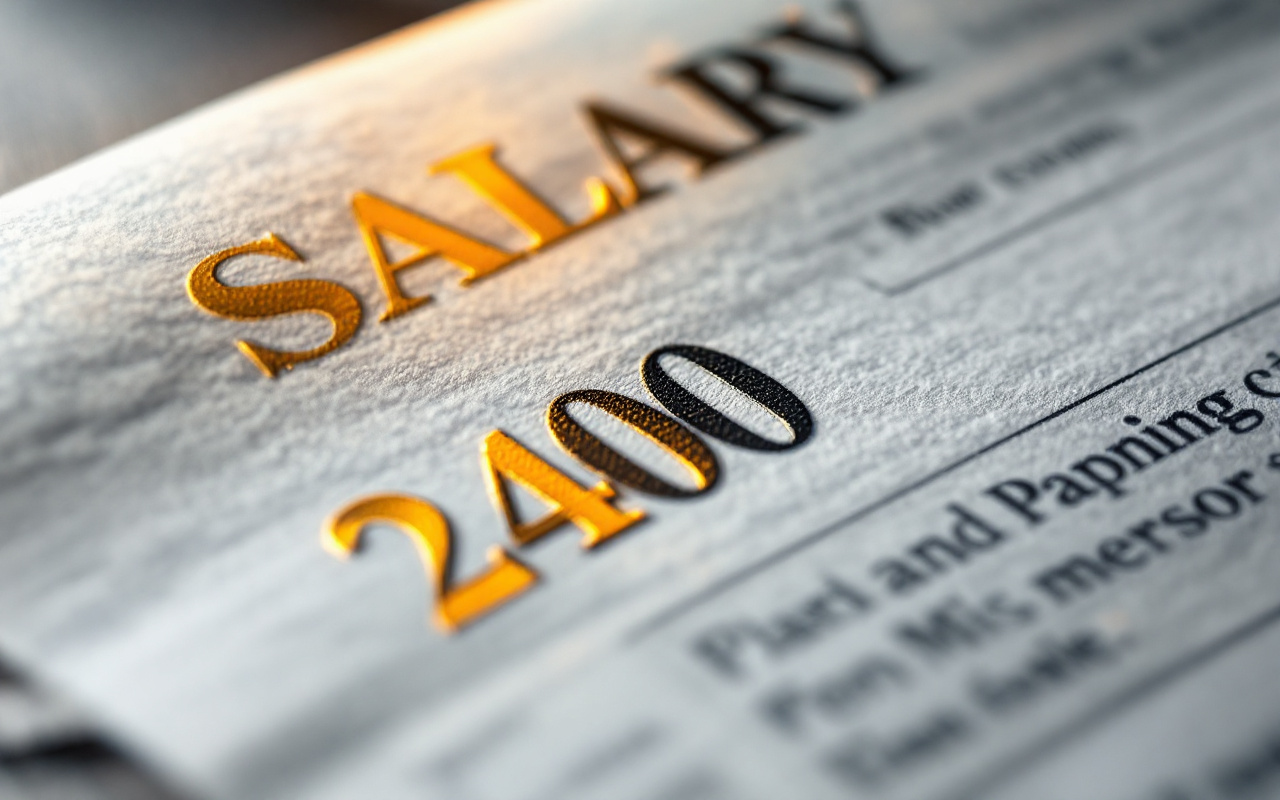 Gros plan sur des détails de salaire, montrant des chiffres soigneusement imprimés sur un bulletin de paie, avec une lumière chaude illuminant le texte et un fond flou.