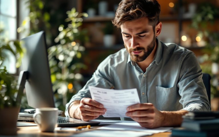 un-employe-assis-a-son-bureau-en-train-detudier-attentivement-sa-fiche-de-paie-lenvironnement-est-calme-et-professionnel-avec-un-ordinateur-et-des-documents-visibles-sur-le-bureau