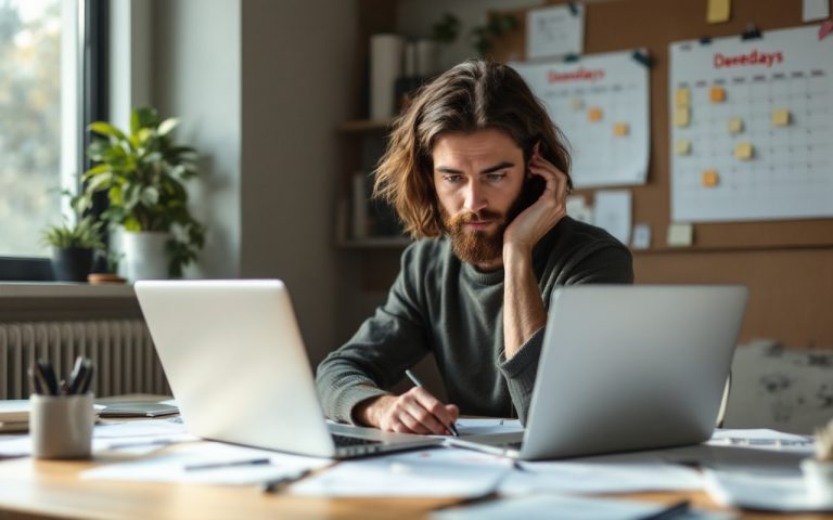 Un chef de projet concentré en train de planifier, assis à un bureau avec un ordinateur portable, des documents éparpillés et un calendrier mural, avec la lumière du jour entrant par la fenêtre.