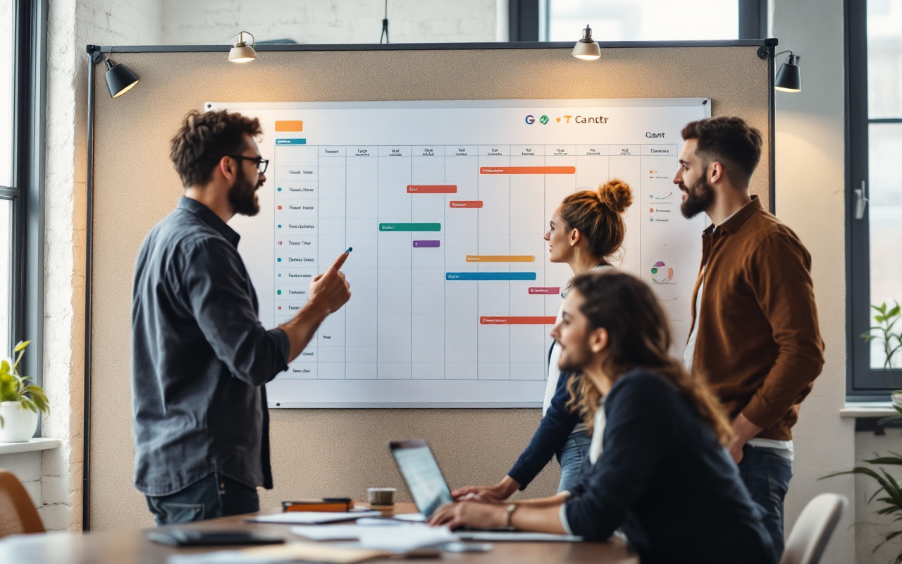 Une équipe de professionnels collaborant sur un tableau de Gantt, dans un bureau moderne, avec des expressions concentrées et la lumière naturelle illuminant l'espace