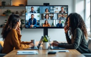 Équipe diverse en visioconférence pour une formation d'anglais professionnel, assise autour d'une table avec ordinateurs portables et tasses de café, lumière douce matinale et expressions concentrées.