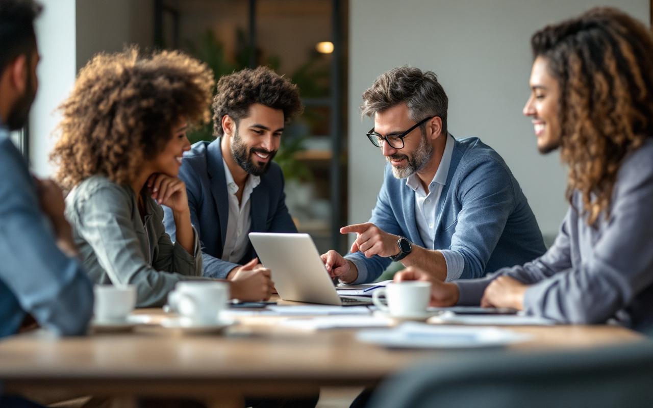 Photo réaliste d'un manager coachant des employés à l'anglais pour des réunions, autour d'une table de conférence avec ordinateur portable, notes et tasses, lumière matinale douce, ambiance professionnelle chaleureuse.