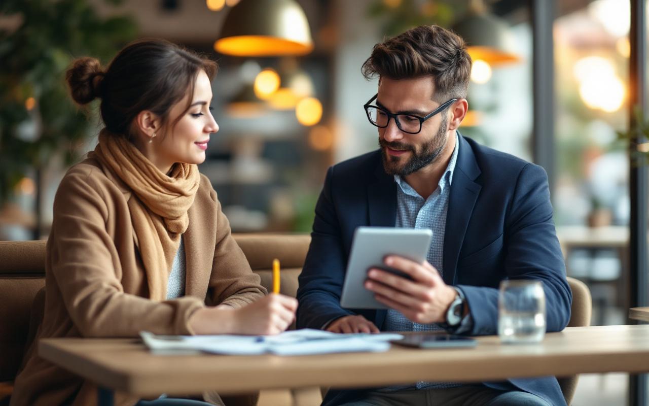 Un conseiller financier et un freelance discutent de la protection du revenu dans un café de bureau moderne : le conseiller montre une tablette, le freelance prend des notes, lumière matinale douce, tons navy et beige, ambiance professionnelle et naturelle.