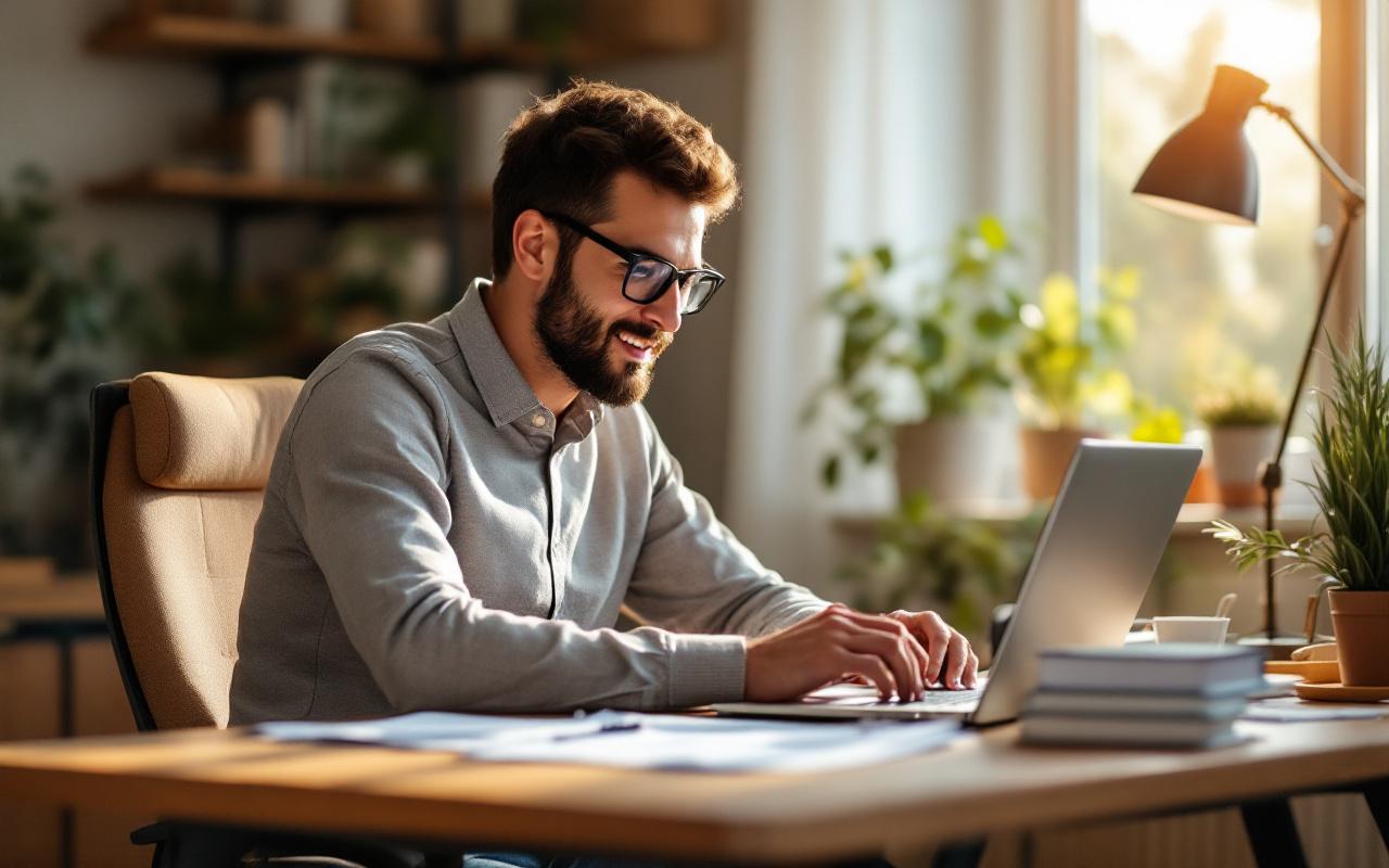 Un entrepreneur assis à un bureau moderne utilise un ordinateur portable avec un logiciel de comptabilité en ligne, éclairé par une douce lumière matinale volumétrique, ambiance chaleureuse avec documents et tasse de café à côté.