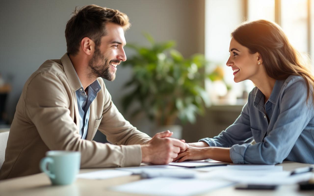Un manager donne un retour constructif à une collègue assise à un bureau dans un bureau lumineux, gestes ouverts et expression bienveillante, éclairage chaud et tons beiges et bleus