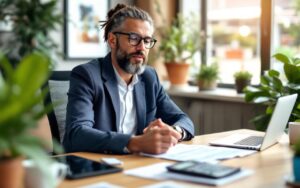Professionnel indépendant assis à un bureau, examinant des documents d'assurance et un ordinateur portable, avec une tasse de café et une calculatrice, plantes en arrière-plan, lumière naturelle volumétrique matinale, tons chauds beige et bleu marine.