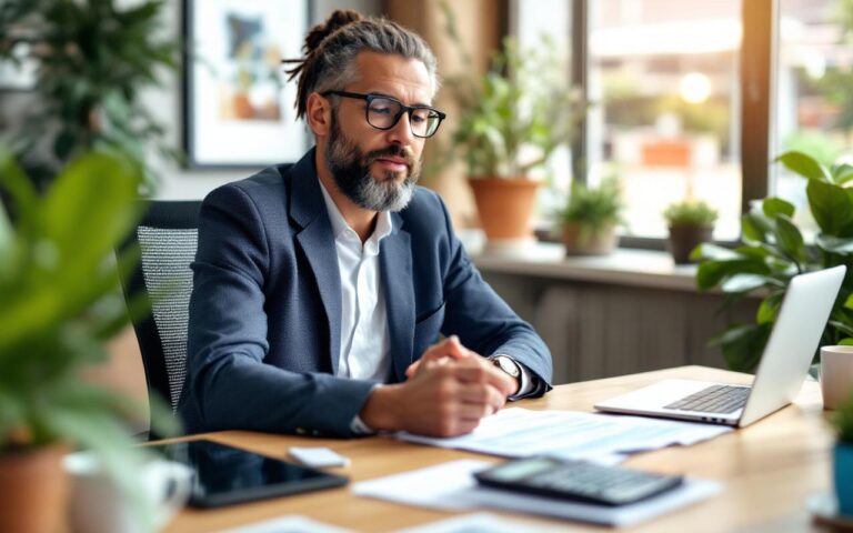 Professionnel indépendant assis à un bureau, examinant des documents d'assurance et un ordinateur portable, avec une tasse de café et une calculatrice, plantes en arrière-plan, lumière naturelle volumétrique matinale, tons chauds beige et bleu marine.