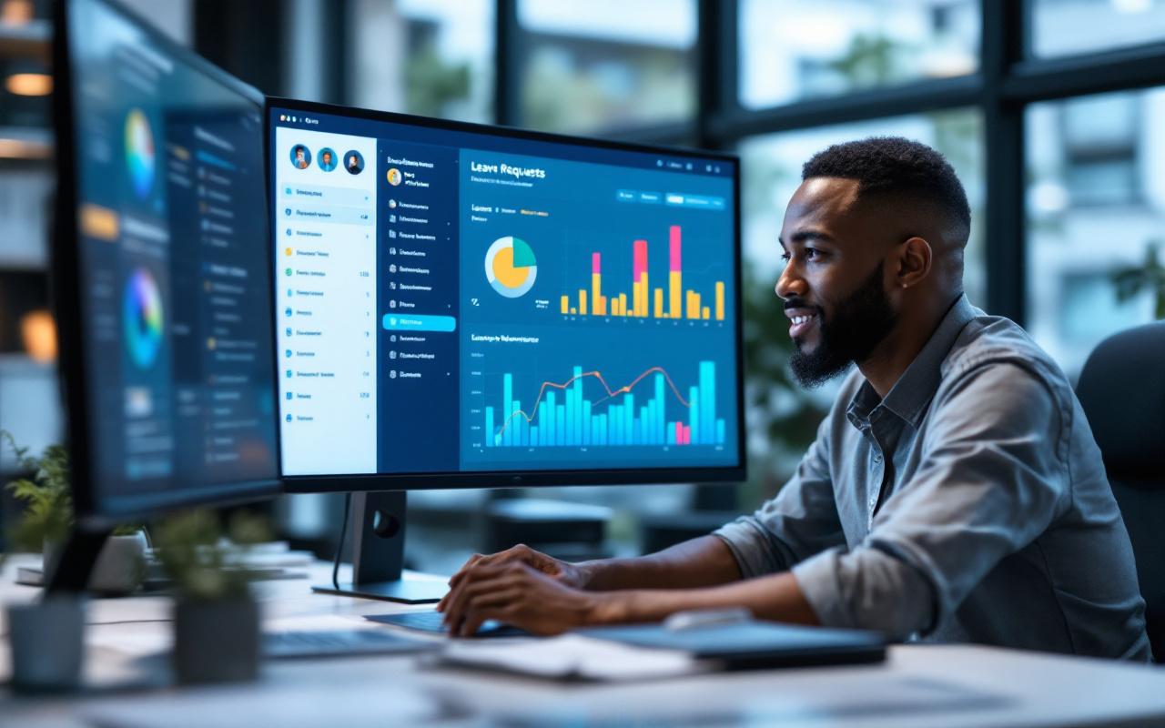 Chef d'équipe consultant un tableau de demandes de congés numériques sur un écran au bureau, posture naturelle et expression concentrée, éclairage volumétrique doux, ambiance lumineuse dominée par des tons bleus et gris.