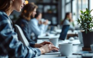 Responsable RH vérifie le calendrier partagé des absences sur son ordinateur portable, assis à un bureau moderne avec une tasse de café et une plante, collègues flous en arrière‑plan, lumière matinale douce et naturelle.