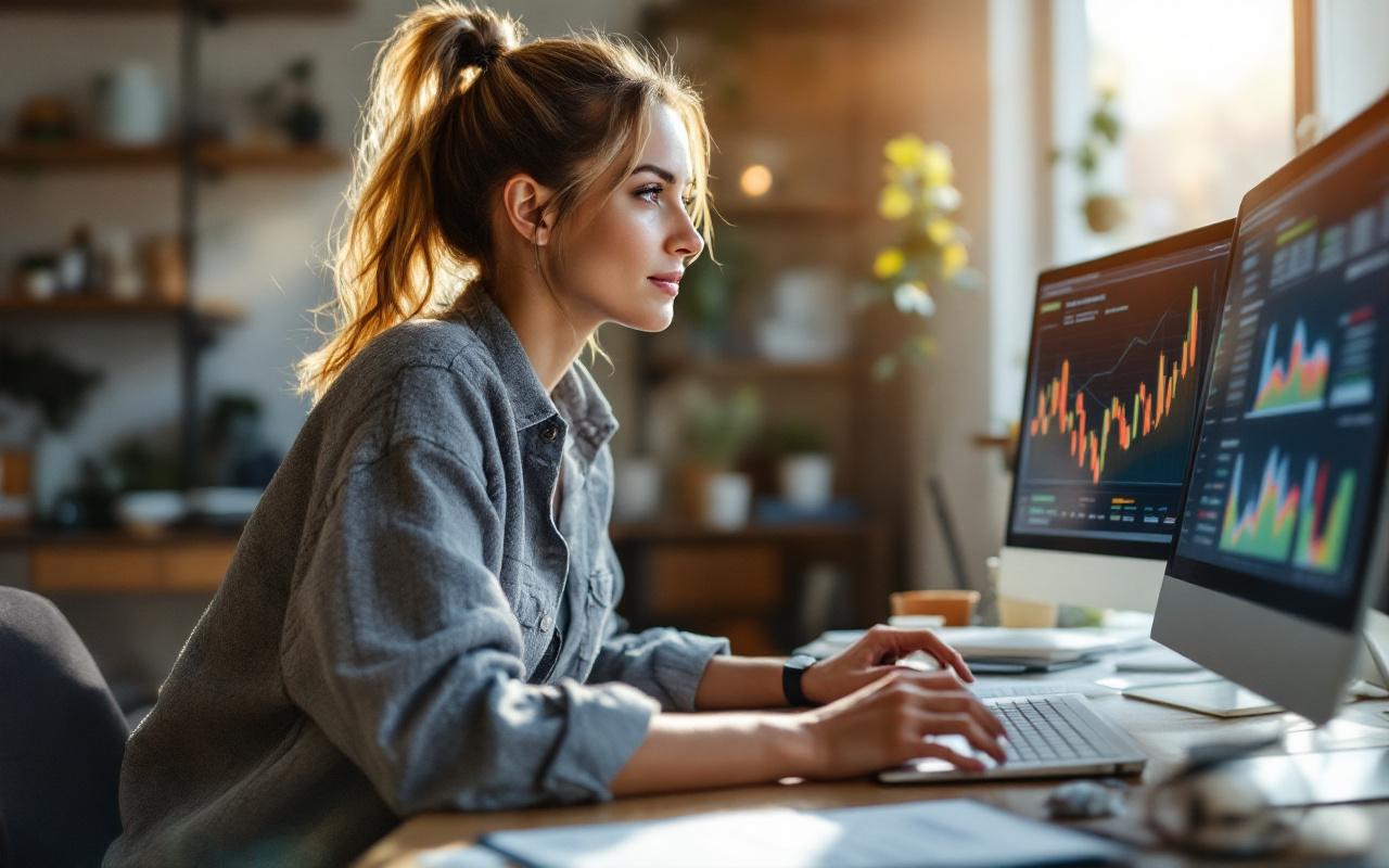 Femme dans un bureau moderne analysant des données de locations sur un tableau financier affiché sur un ordinateur portable et un écran secondaire, graphiques et tableaux visibles, lumière naturelle douce entrant par la fenêtre.