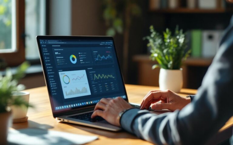 Un propriétaire assis à son bureau à domicile utilise un ordinateur portable pour comparer deux tableaux de bord de logiciels LMNP affichés côte à côte, baigné d'une lumière naturelle douce et chaleureuse.