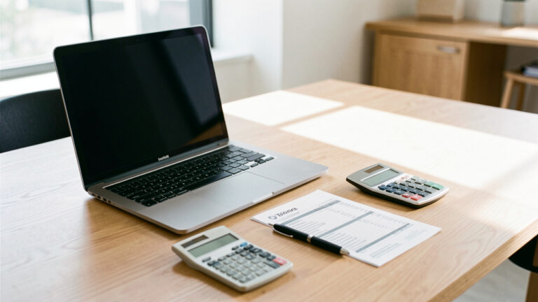 Bureau d’entrepreneur lumineux avec ordinateur portable ouvert, facture imprimée, calculatrice et matériel de travail organisé.