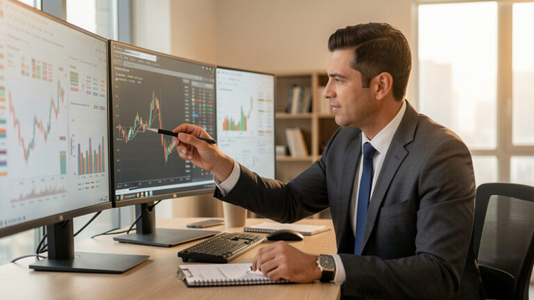 Un dirigeant de PME, un homme en costume, analyse des tableaux financiers sur plusieurs écrans dans un bureau moderne, ambiance professionnelle et rassurante, lumière chaude et calme.