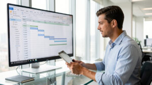 Dirigeant de PME analysant un tableau de trésorerie dans un bureau moderne lumineux, à l’aide d’un écran et d’une tablette.