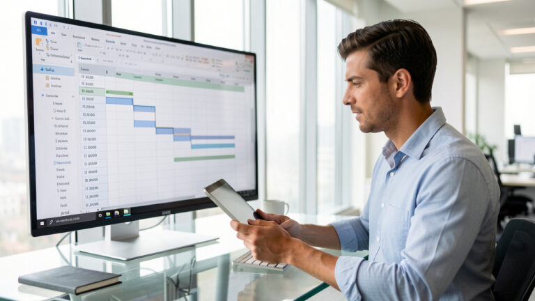 Dirigeant de PME analysant un tableau de trésorerie dans un bureau moderne lumineux, à l’aide d’un écran et d’une tablette.