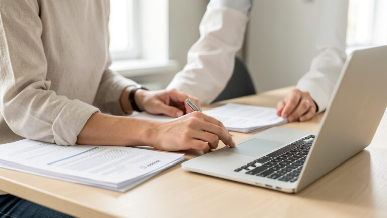 Un entrepreneur indépendant travaille à son bureau, organise des documents administratifs et utilise un ordinateur portable dans une ambiance lumineuse et professionnelle.