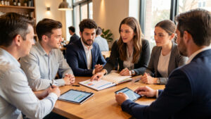 Réunion d’équipe dans un restaurant moderne : la manager explique les règles de rémunération tout en montrant un dossier et une tablette, ambiance professionnelle et collaborative.