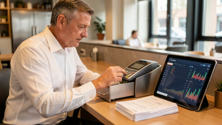 Un gérant de restaurant d’âge moyen analyse la caisse et des factures sur un bureau dans un établissement moderne, avec une tablette affichant un tableau de bord financier.