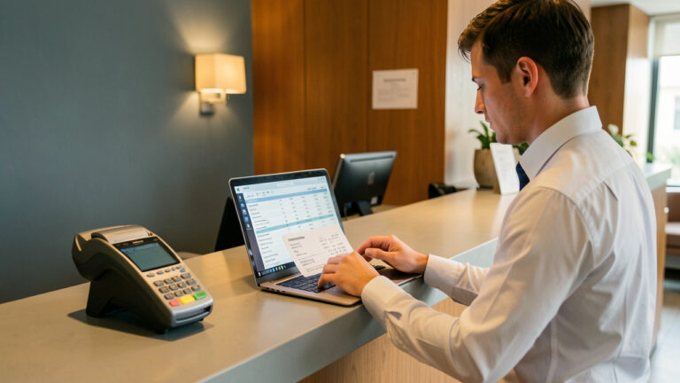 Hôtel moderne avec réception, terminal de paiement et un comptable vérifiant des flux de pourboires sur un écran, ambiance lumineuse chaleureuse.