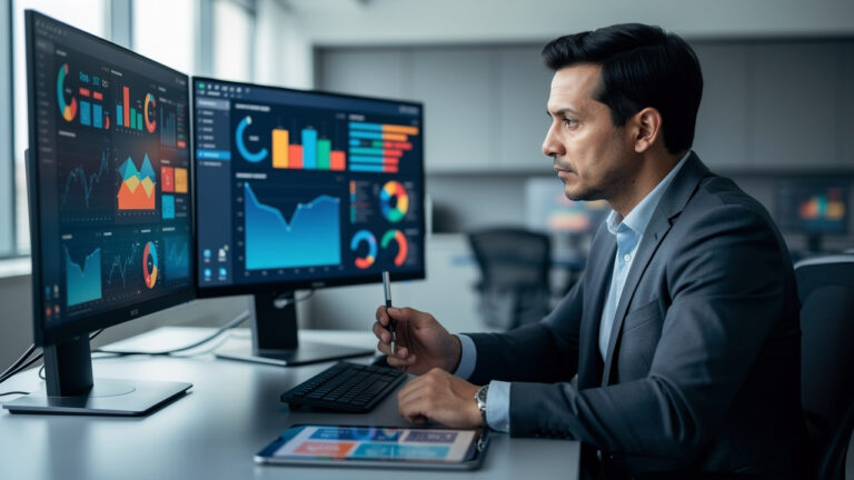 Direction financière analysant un tableau de bord de risques financiers sur plusieurs écrans dans un bureau moderne, à l’aide d’un stylet et d’une tablette.