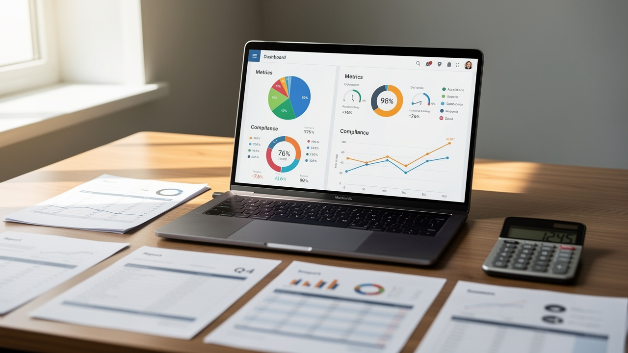 Vue réaliste d’un tableau de bord de reporting de contrôle interne sur ordinateur, avec graphiques, ratios, indicateurs de conformité et alertes comptables, dans un cadre de bureau soigné.