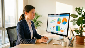 Une dirigeante de PME analyse un tableau de bord coloré sur un ordinateur dans un bureau moderne et lumineux.