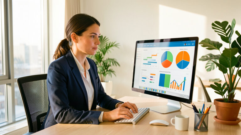 Une dirigeante de PME analyse un tableau de bord coloré sur un ordinateur dans un bureau moderne et lumineux.