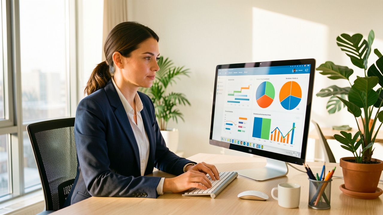 Une dirigeante de PME analyse un tableau de bord coloré sur un ordinateur dans un bureau moderne et lumineux.