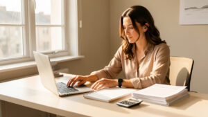 Entrepreneuse indépendante organisant un bureau lumineux avec un ordinateur, un agenda vierge, des documents et une calculatrice.