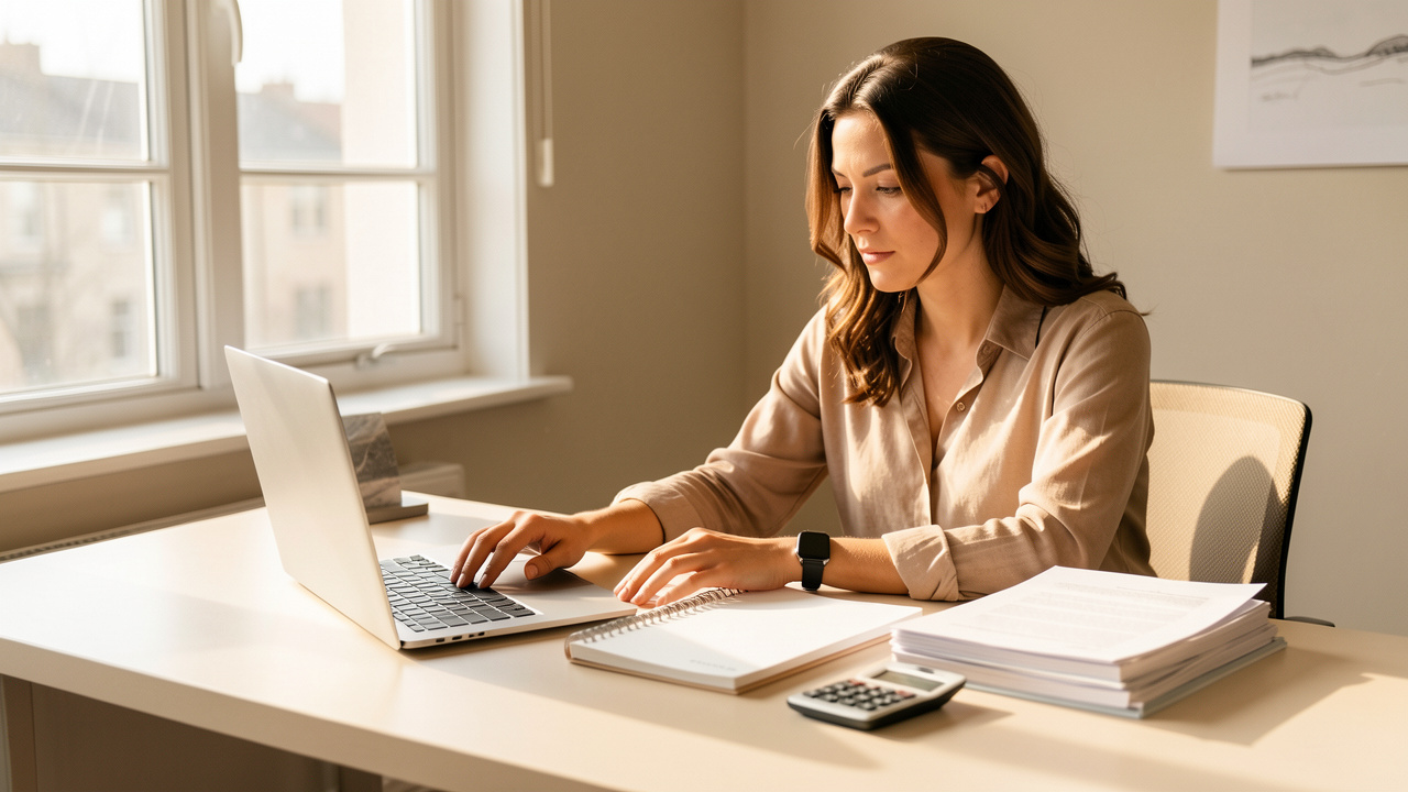 Entrepreneuse indépendante organisant un bureau lumineux avec un ordinateur, un agenda vierge, des documents et une calculatrice.