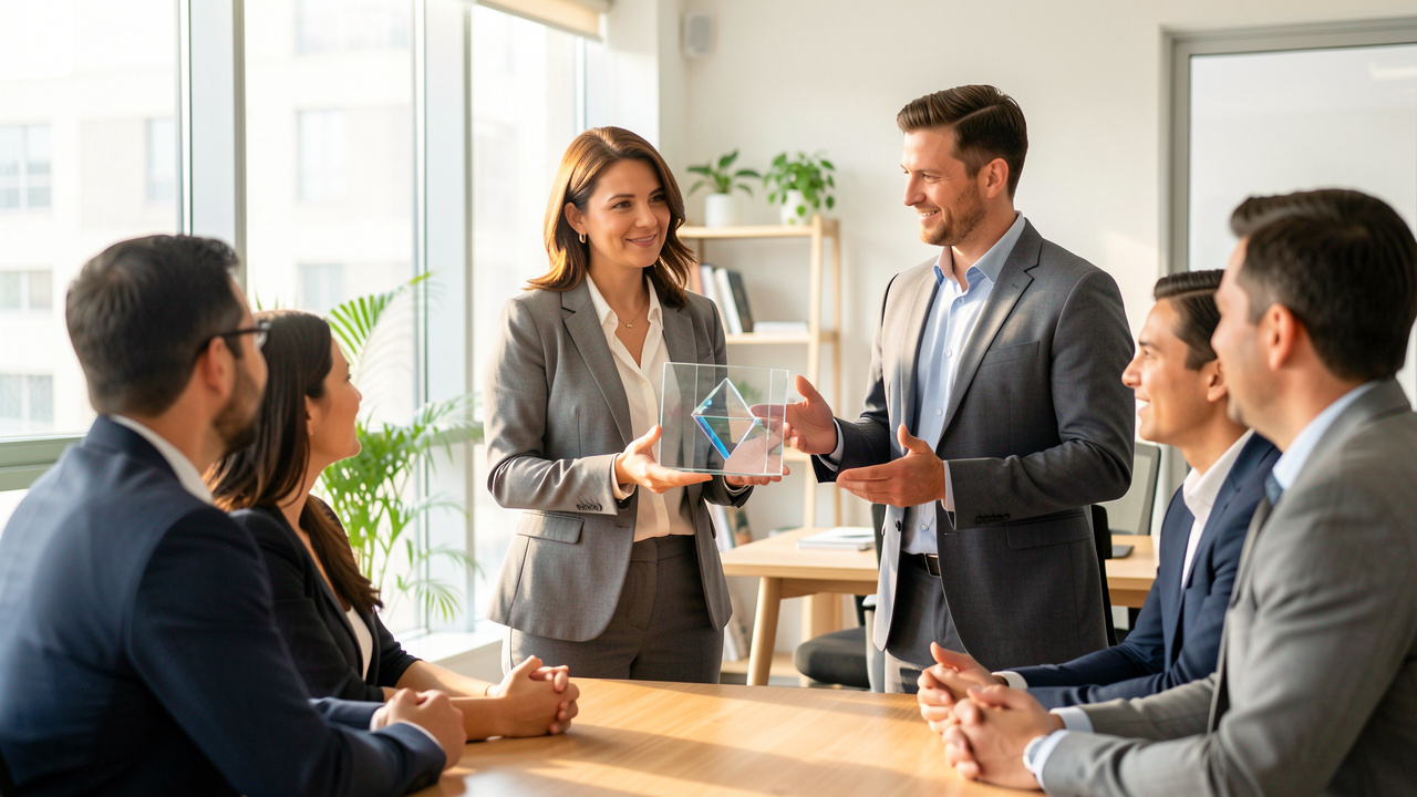 Une dirigeante présente sereinement la transmission de son entreprise à des salariés et des clients dans un bureau lumineux, dans une atmosphère de confiance.