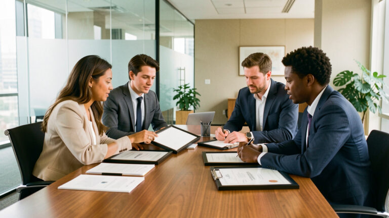 Équipe professionnelle composée de deux femmes et deux hommes réunie autour d’une table dans un bureau moderne, avec des certificats vierges et des documents soigneusement disposés.