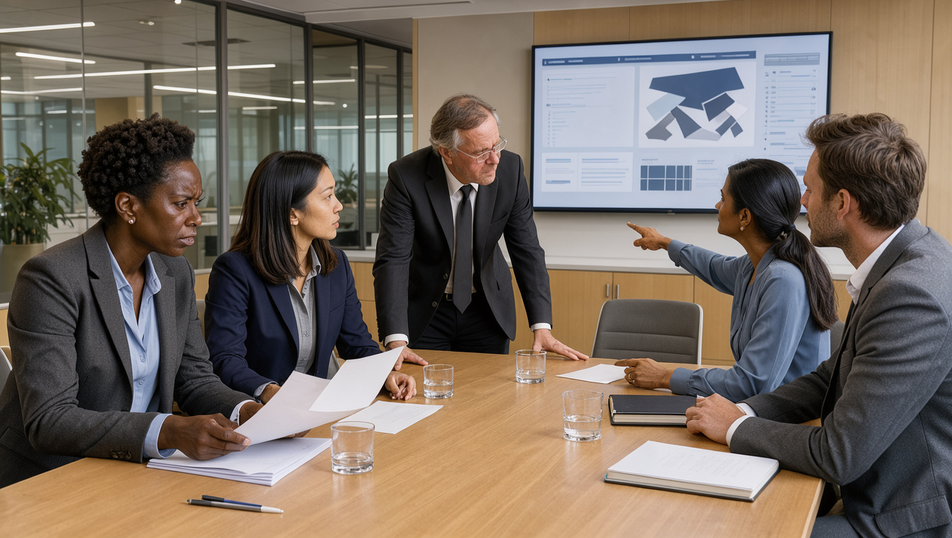 Équipe de direction réunie autour d’une table dans un bureau moderne pour une gestion de crise, avec des documents vierges et un tableau de bord abstrait.